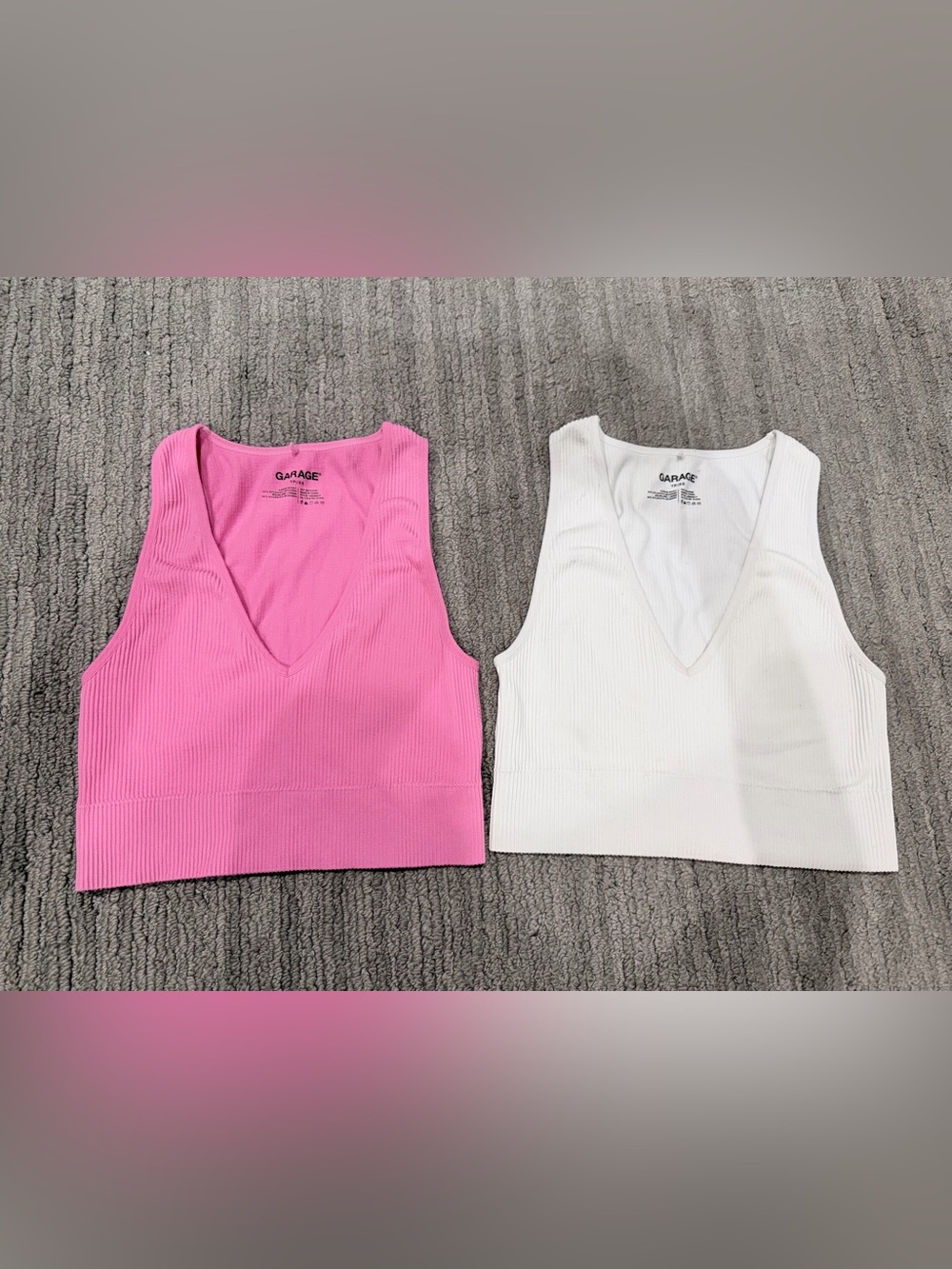 Garage Ribbed V-Neck Crop Tank - Pink & White